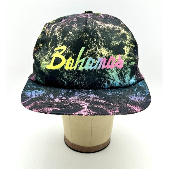 Vintage 80s 90s Bahamas Caribbean Island Nylon Hat Cap Snapback Paint Splatter - Picture 3 of 11